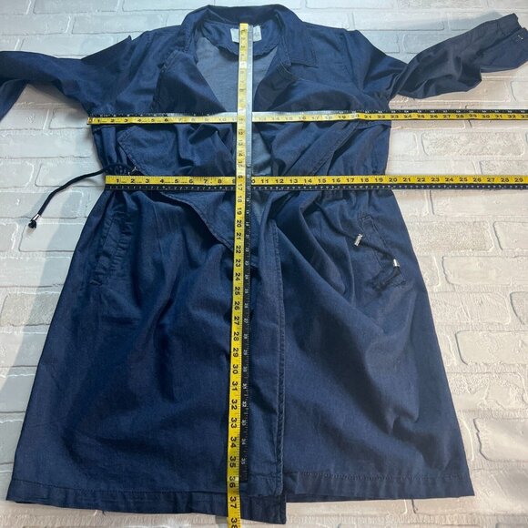 1 Sunset Lane Jacket Womens Large Blue Chambray Duster Draped Open Front Cinched - Picture 2 of 16